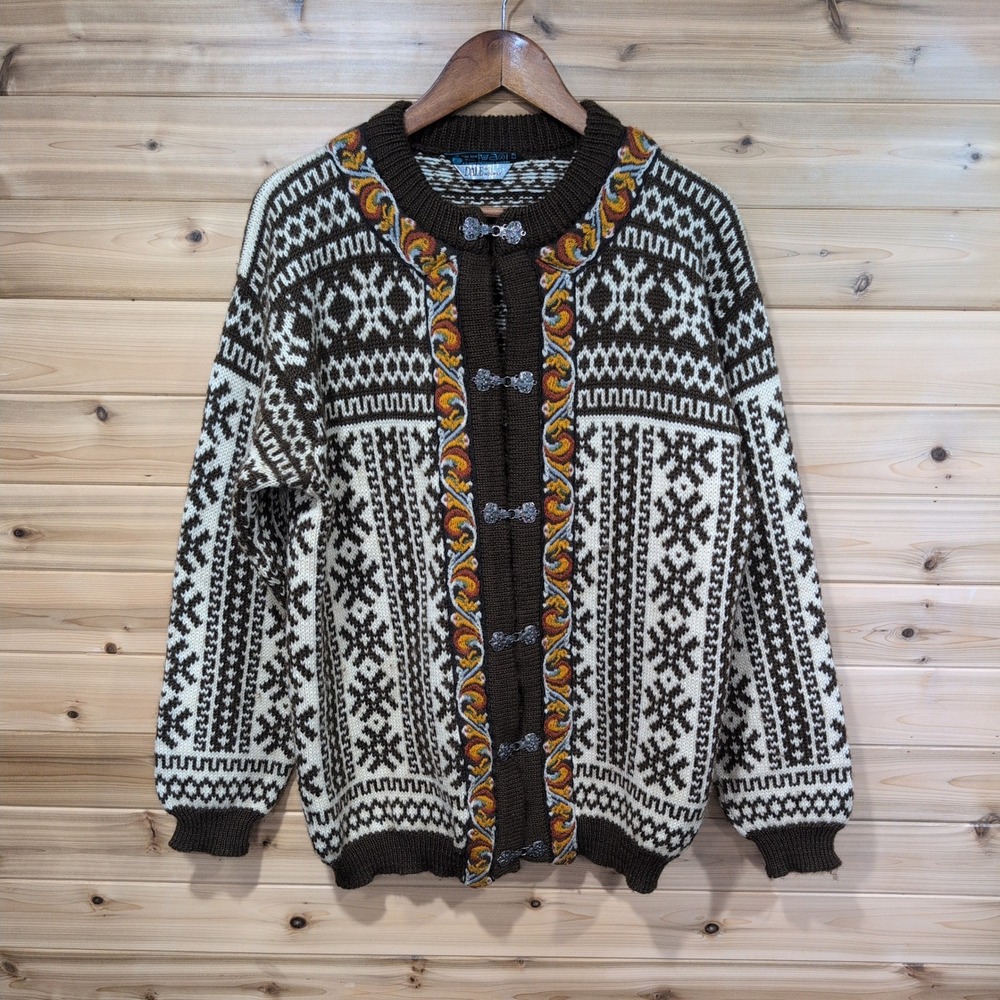 Dale of Norway Mens XL Vintage Wool Nordic Cardigan Pewter Clasps Brown Cream